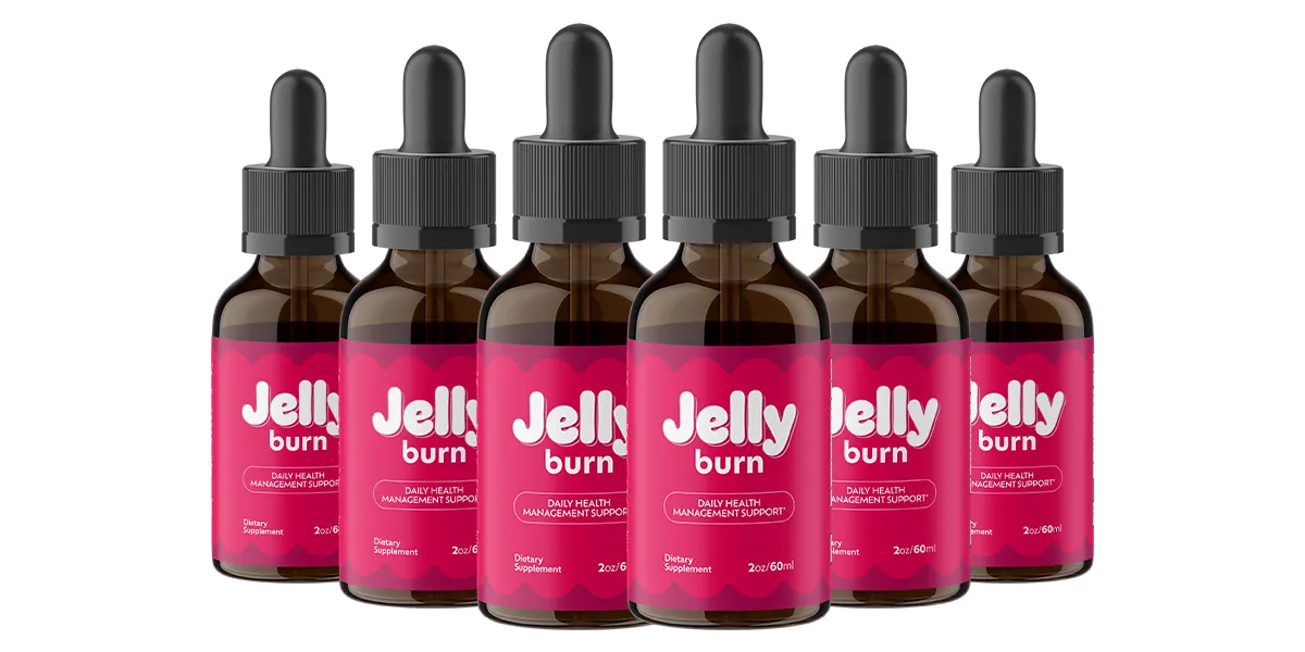 "A row of six Jelly Burn dietary supplement bottles with droppers, displayed as a value pack for health management."