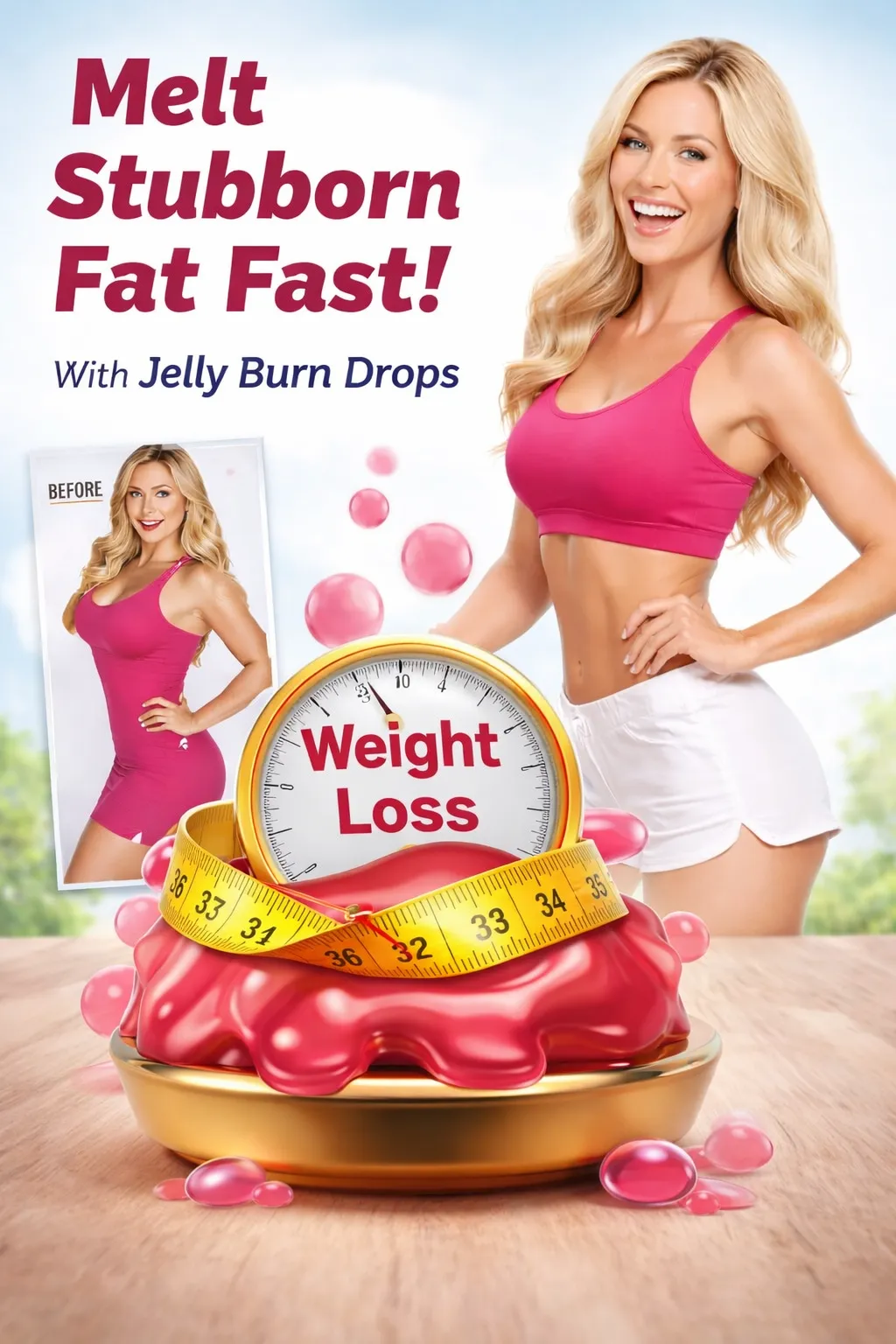 "Jelly Burn weight loss ad featuring a woman's transformation, a measuring tape, and a weight loss scale icon."