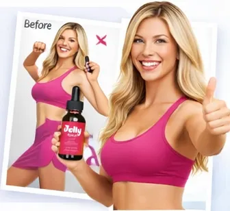 Customer reviews"Smiling woman holding Jelly Burn weight loss drops with a 'Before' transformation photo in the background."-testimonial -2