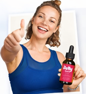 Customer reviews  Gemini said "Smiling woman in fitness wear giving a thumbs up while holding a bottle of Jelly Burn weight loss drops."-testimonial -3