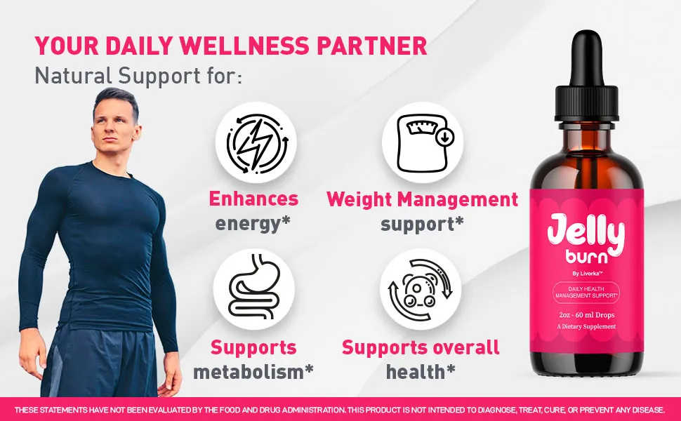  Gemini said "Marketing banner for Jelly Burn drops featuring a fit man and icons for energy, metabolism, and weight management support."