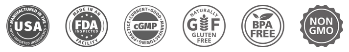"Row of certification badges including FDA Registered, GMP Certified, No GMO, Manufactured in USA, Money Back Guarantee, and 100% Natural Ingredients."