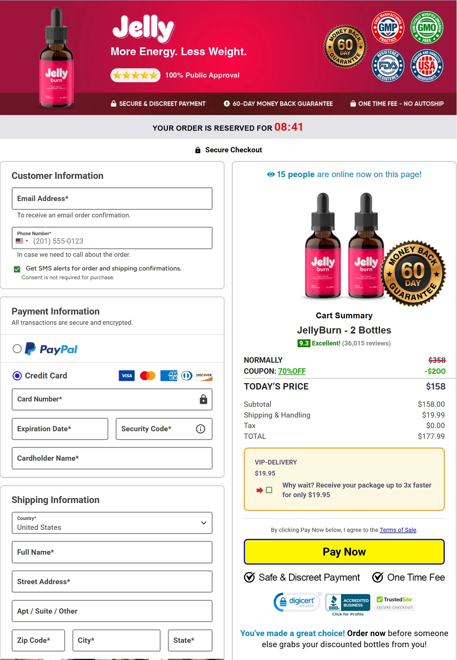 "Jelly Burn checkout page showing order details, pricing summary for 2 bottles, and secure payment options."