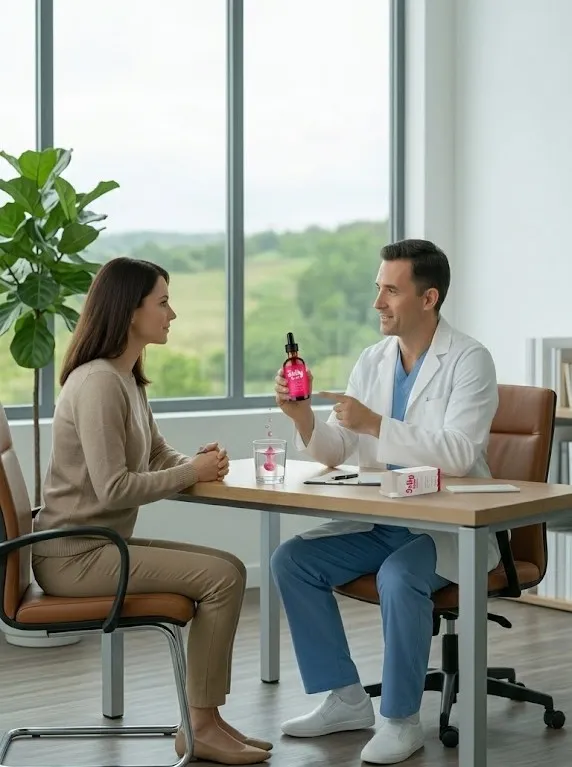"A doctor in a clinic setting explaining the benefits of Jelly Burn drops to a patient during a consultation."