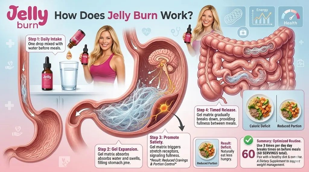 Gemini said "Infographic detailing how Jelly Burn works: showing daily intake, gel expansion in the stomach to promote satiety, and timed release for appetite control."